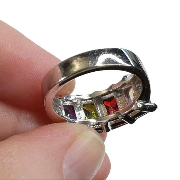 Emerald Cut Glass Stone Multicolored Rainbow Silver Tone Ring - Picture 6 of 9